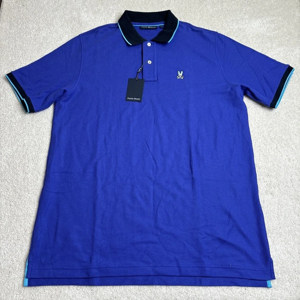 Psycho Bunny Men's Troy Logo‎ Pique Short Sleeve Polo Shirt Blue NWT Size 7
